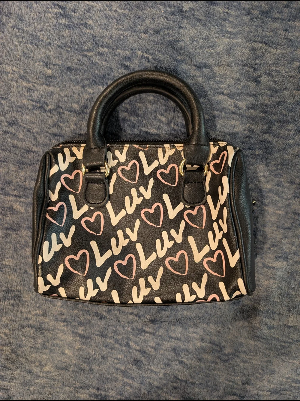 Betsey Johnson Black Cosmetic Bag with Pink and Cream Heart Luv Print